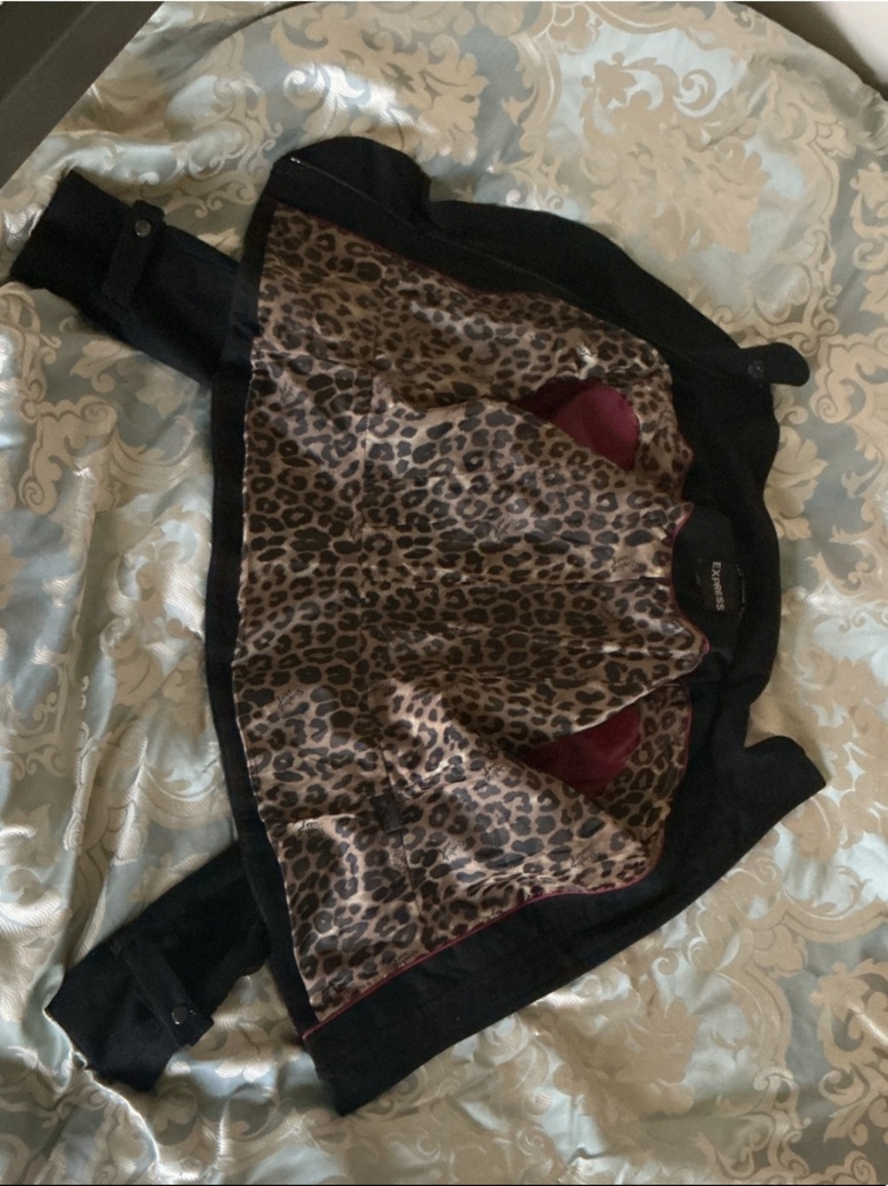 Express Black Jacket with Leopard-Print Satin Lining and Burgundy Accents